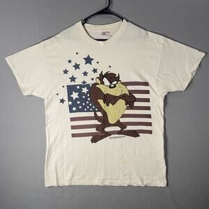 Vintage Looney Tunes Taz Tasmanian Devil American Flag T Shirt USA Made Size XL
